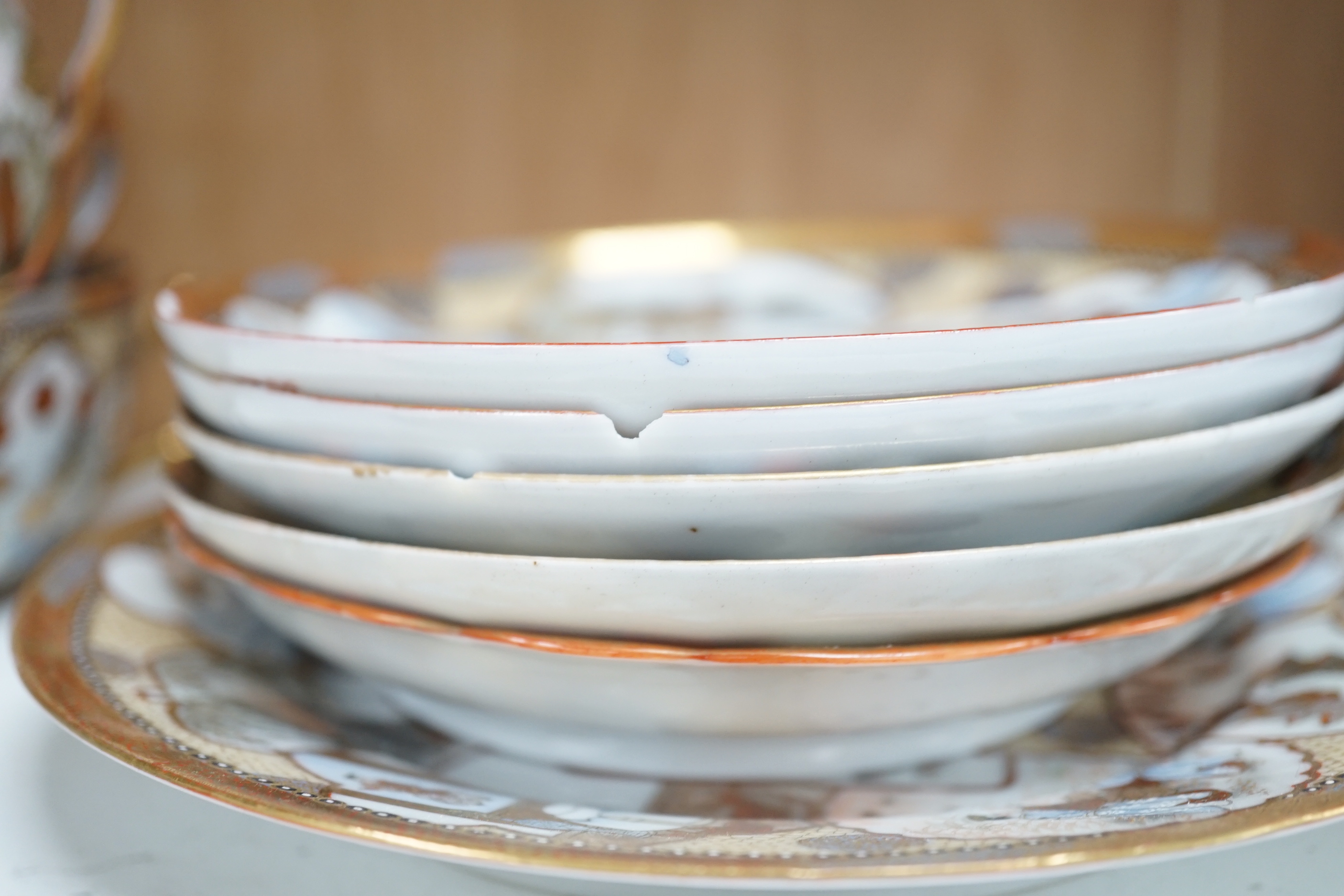 A group of Japanese ceramics, Meiji period and later including satsuma saucers and Imari cup and saucer, largest 17cm in diameter